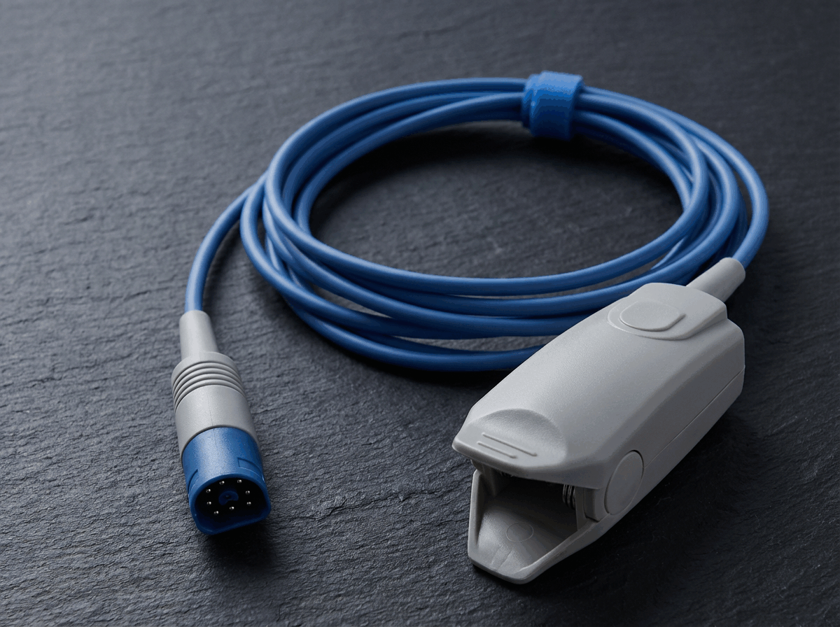 Blue medical sensor cable on surface