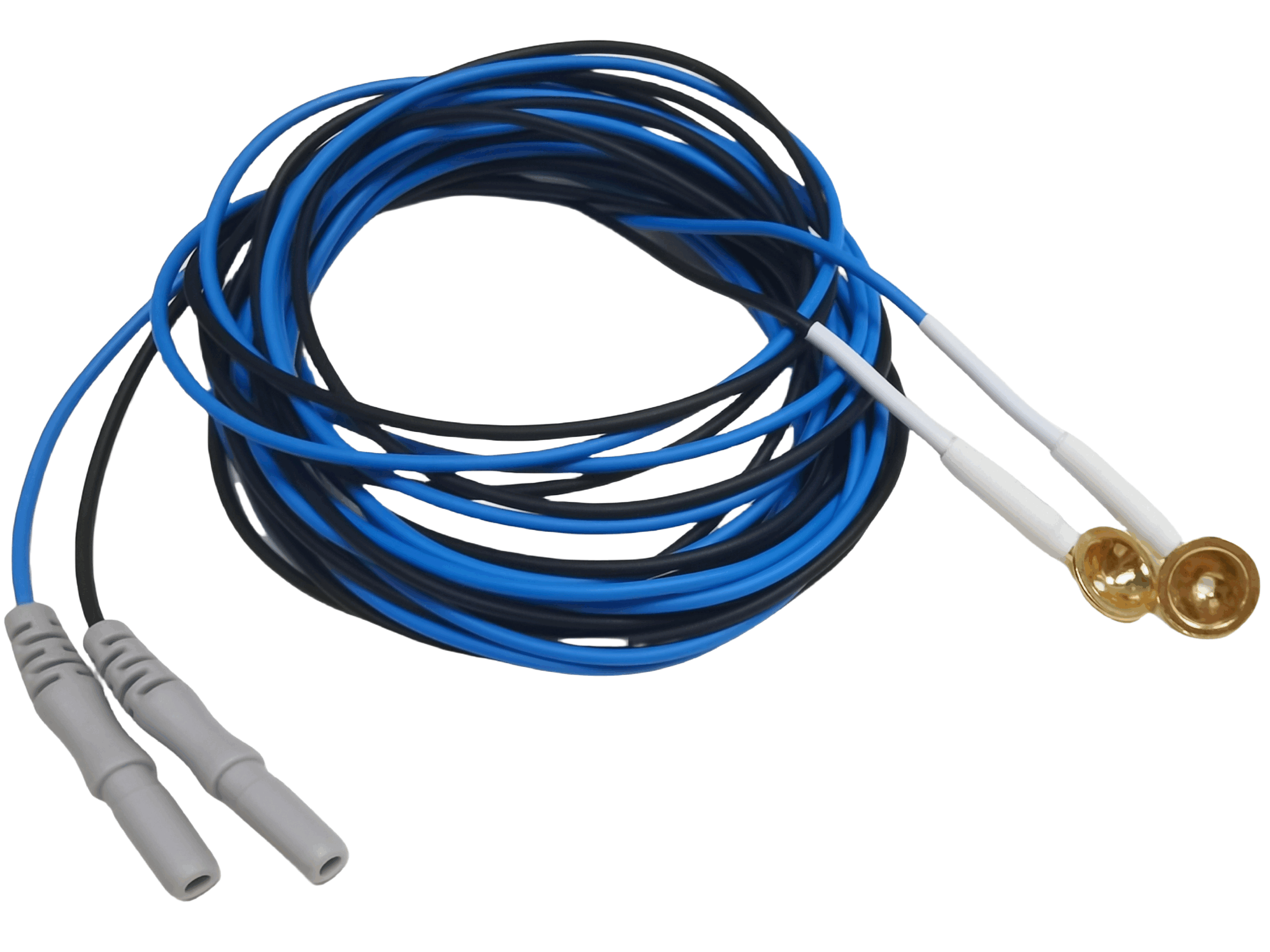 Custom reusable EEG cable assembly with gold-plated electrodes and blue and black leadwires